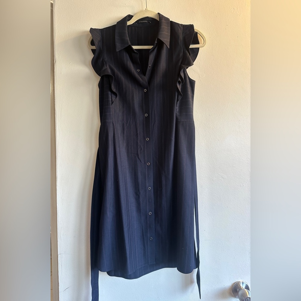 T Tahari Navy pinstripe Midi Dress with Ruffle Sleeves - Picture 3 of 5